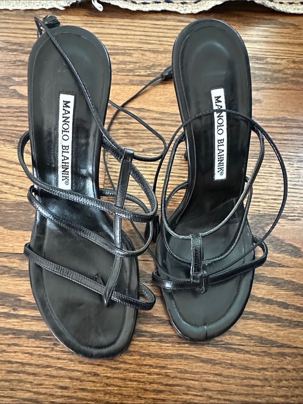 Manolo Blahnik Black Leather Strappy Sandals with Ankle Ties